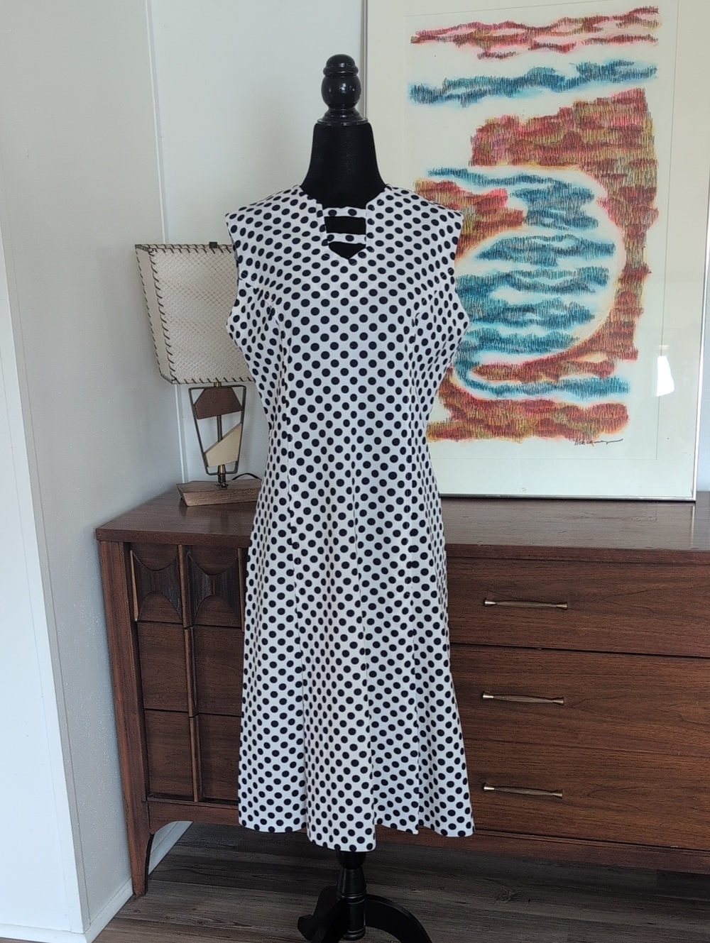 Vintage Polka Dot Navy & White Sleeveless Dress Drop Waist Pleats